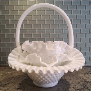 Vintage Fenton Milk Glass Hobnail Ruffled Edge Candy Dishes & Basket